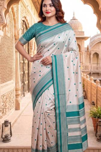 White & sky blue color pure soft silk blend zari weaving saree