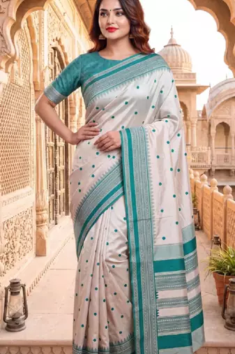 White & sky blue color pure soft silk blend zari weaving saree