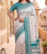 White & sky blue color pure soft silk blend zari weaving saree