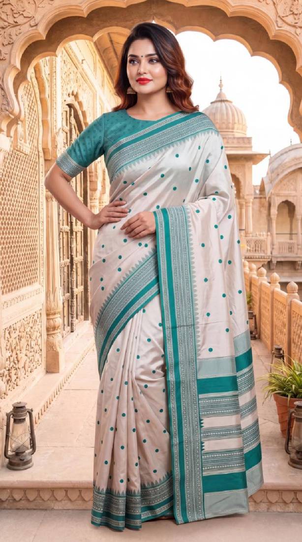 White & sky blue color pure soft silk blend zari weaving saree