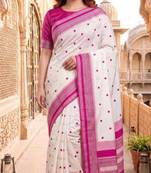 White & pink color pure soft silk blend zari weaving saree