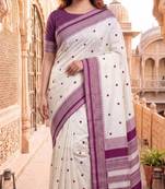 White & purple color pure soft silk blend zari weaving saree