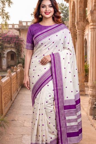 White & purple color pure soft silk blend zari weaving saree