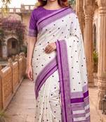 White & purple color pure soft silk blend zari weaving saree