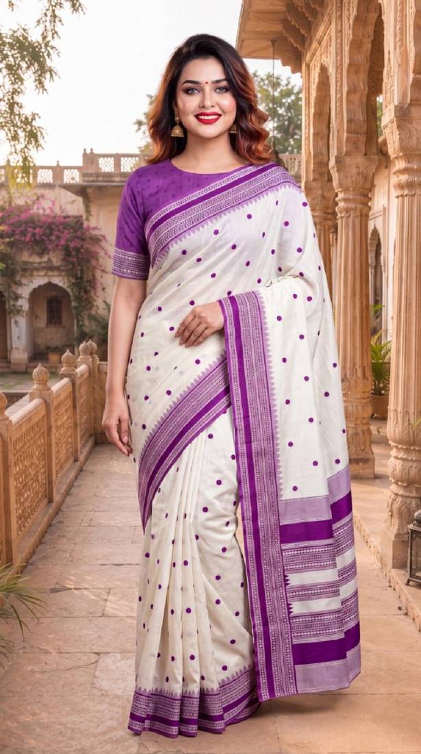 White & purple color pure soft silk blend zari weaving saree