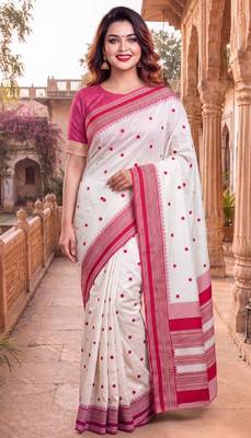White & red color pure soft silk blend zari weaving saree 1