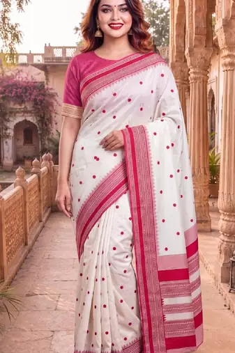 White & red color pure soft silk blend zari weaving saree