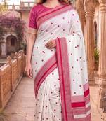 White & red color pure soft silk blend zari weaving saree