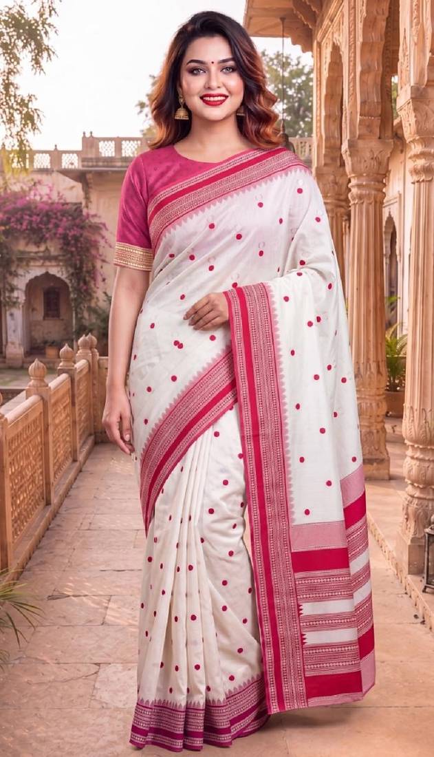 White & red color pure soft silk blend zari weaving saree