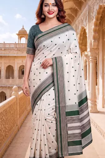 White & green color pure soft silk blend zari weaving saree