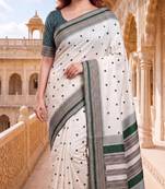 White & green color pure soft silk blend zari weaving saree