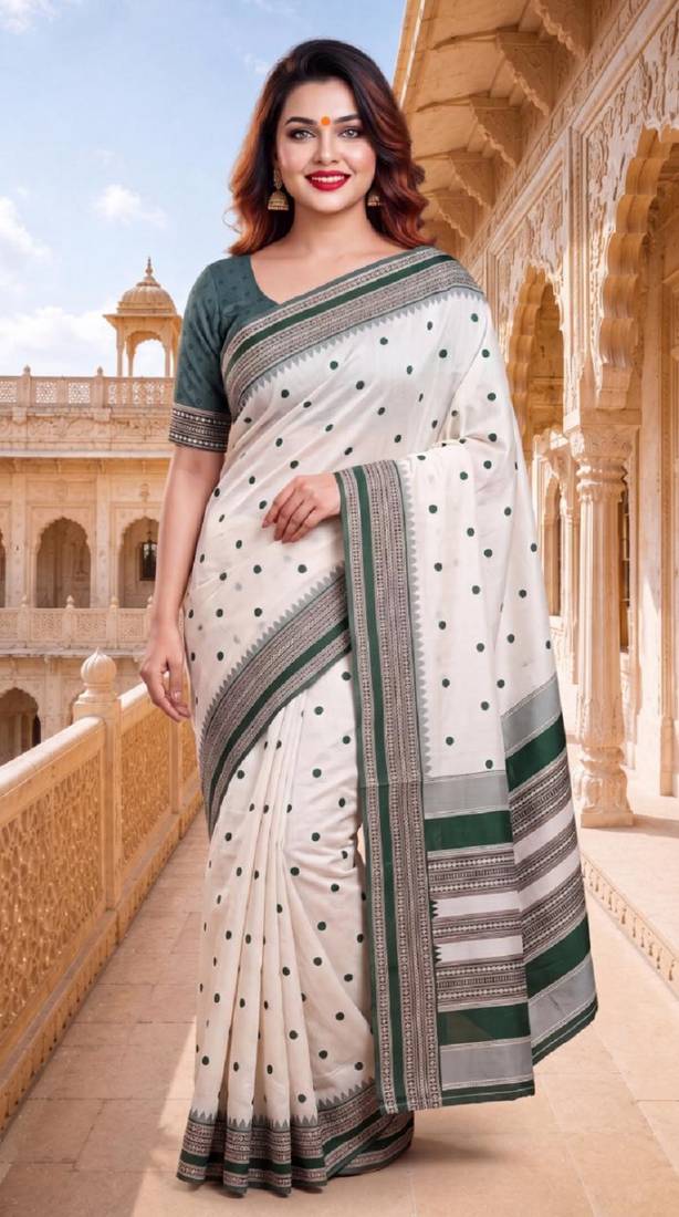 White & green color pure soft silk blend zari weaving saree