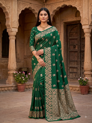 Green color pure soft silk blend women's zari woven sarees 1