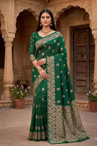 Green color pure soft silk blend women's zari woven sarees