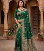 Green color pure soft silk blend women's zari woven sarees