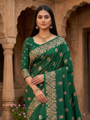 Green color pure soft silk blend women's zari woven sarees 2