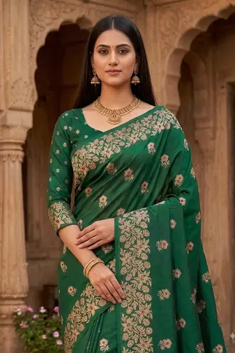 Green color pure soft silk blend women's zari woven sarees