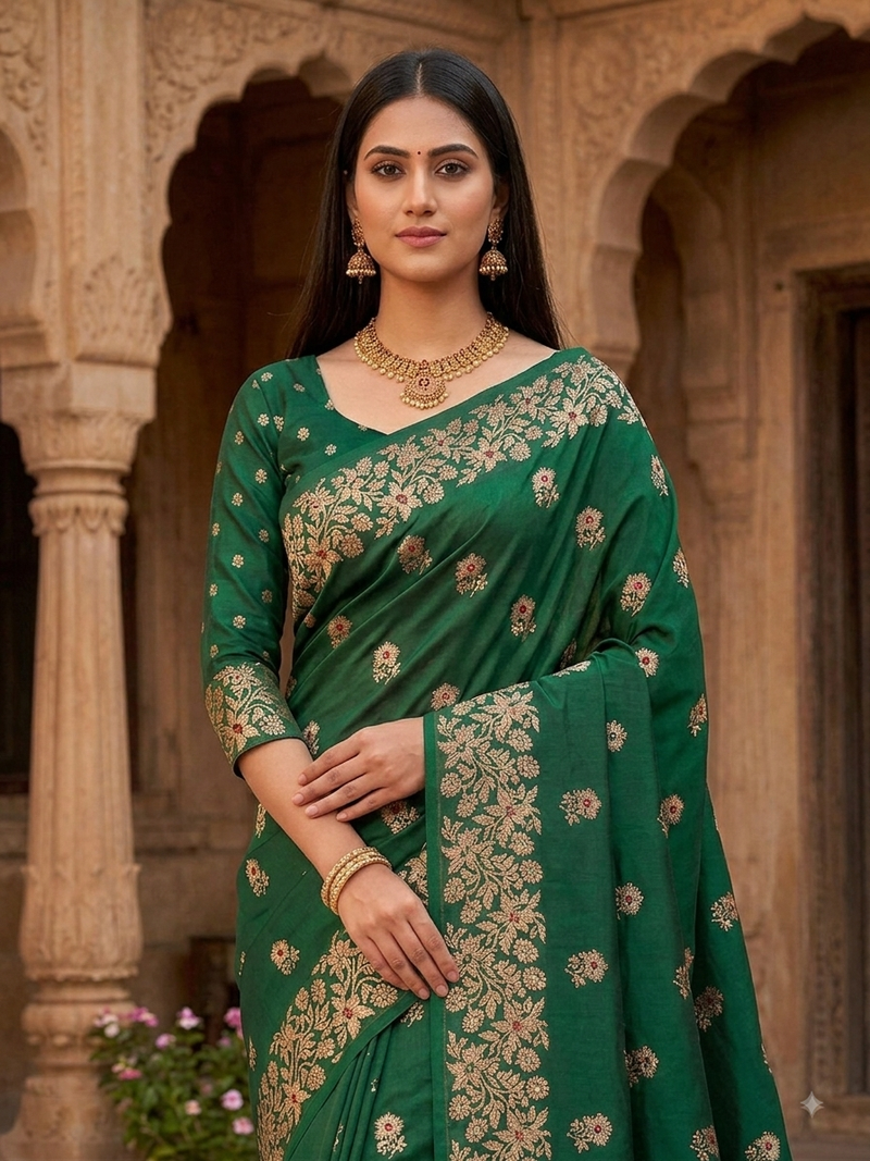 Green color pure soft silk blend women's zari woven sarees