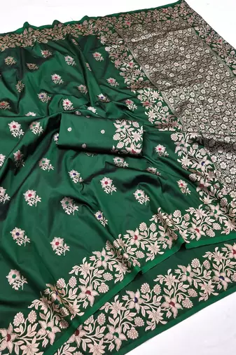 Green color pure soft silk blend women's zari woven sarees