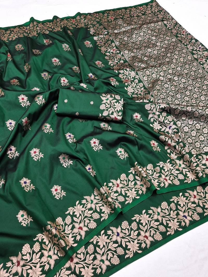 Green color pure soft silk blend women's zari woven sarees