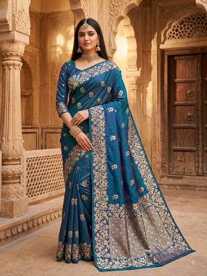 Blue color pure soft silk blend women's zari woven sarees 1