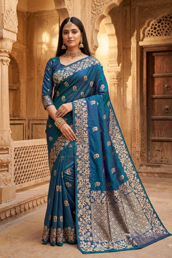 Blue color pure soft silk blend women's zari woven sarees