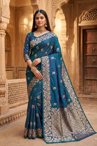 Blue color pure soft silk blend women's zari woven sarees