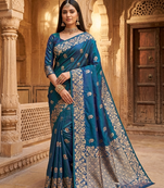 Blue color pure soft silk blend women's zari woven sarees