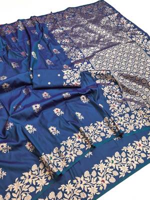 Blue color pure soft silk blend women's zari woven sarees 2