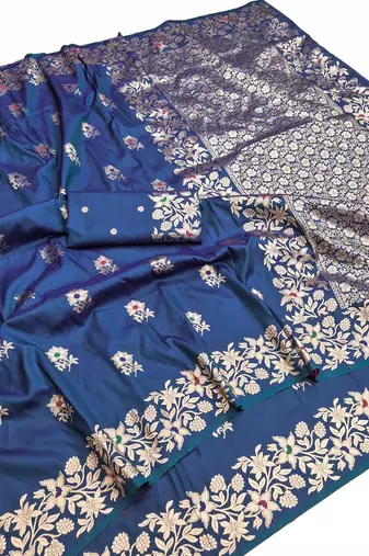 Blue color pure soft silk blend women's zari woven sarees