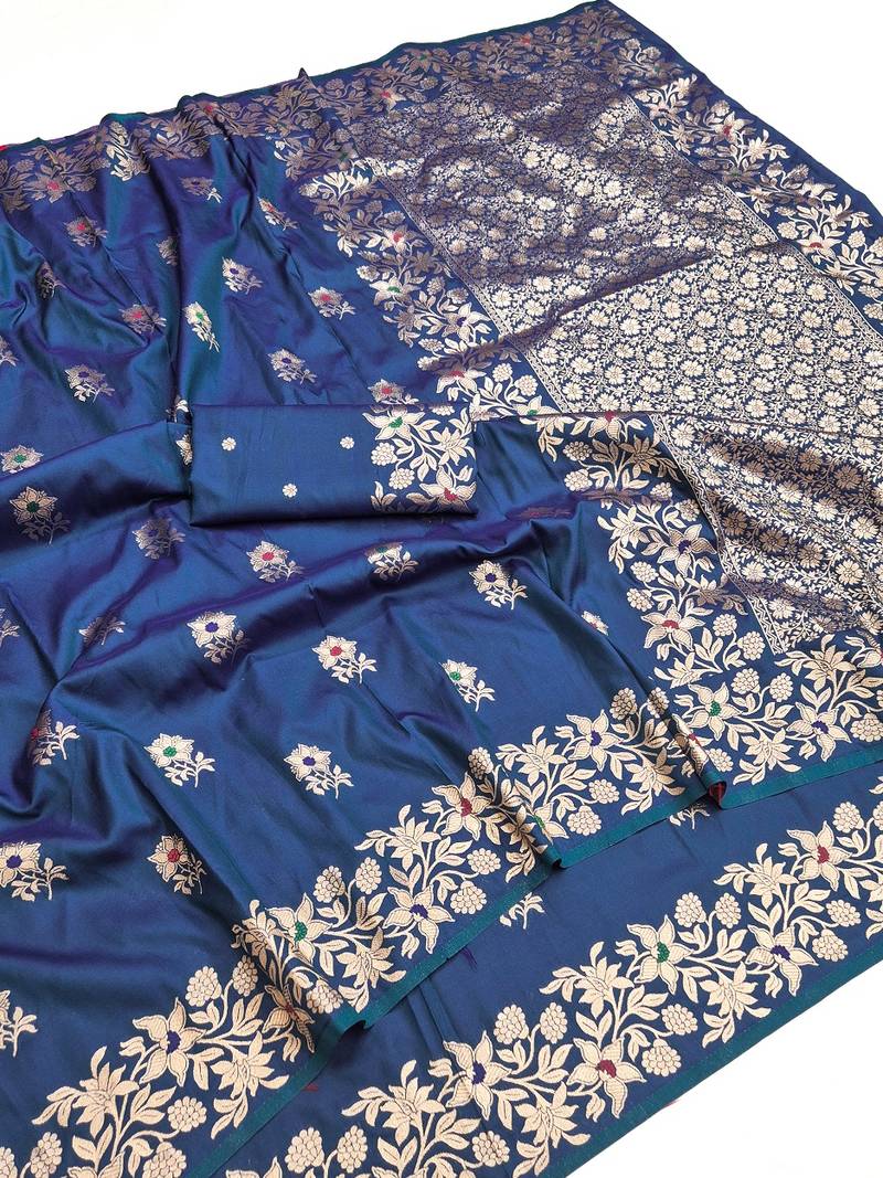 Blue color pure soft silk blend women's zari woven sarees