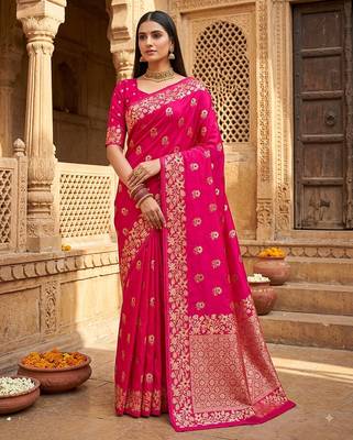 Rani pink color pure soft silk blend women's zari woven sarees 1