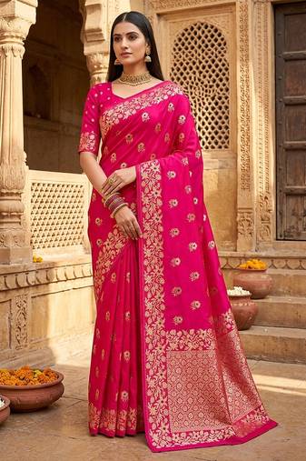 Rani pink color pure soft silk blend women's zari woven sarees