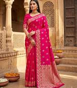 Rani pink color pure soft silk blend women's zari woven sarees