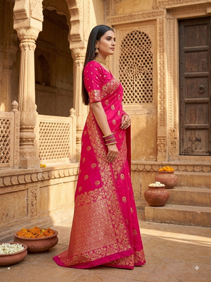 Rani pink color pure soft silk blend women's zari woven sarees 2