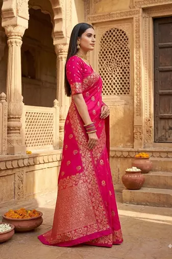 Rani pink color pure soft silk blend women's zari woven sarees