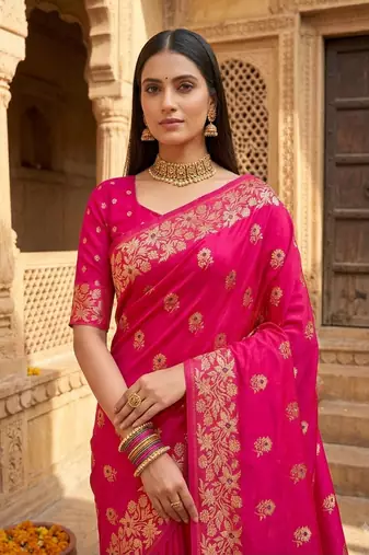 Rani pink color pure soft silk blend women's zari woven sarees