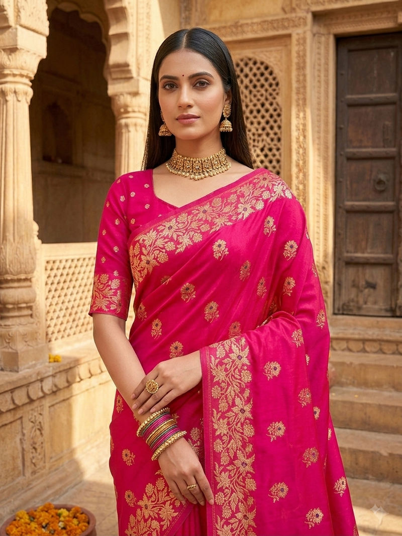 Rani pink color pure soft silk blend women's zari woven sarees