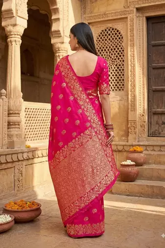Rani pink color pure soft silk blend women's zari woven sarees