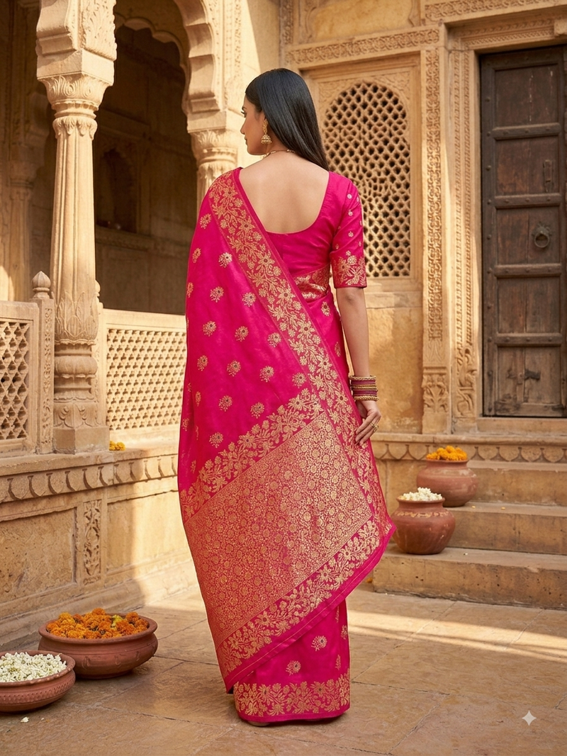 Rani pink color pure soft silk blend women's zari woven sarees