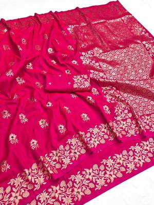 Rani pink color pure soft silk blend women's zari woven sarees 5