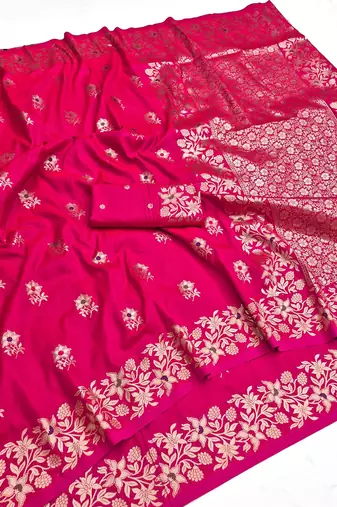 Rani pink color pure soft silk blend women's zari woven sarees