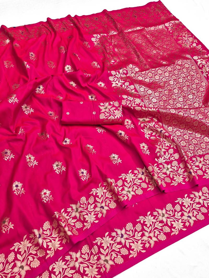 Rani pink color pure soft silk blend women's zari woven sarees