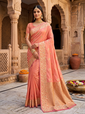 Light orange color pure soft silk blend women's zari woven sarees 1
