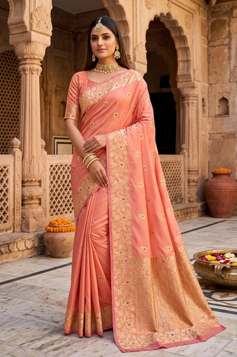 Light orange color pure soft silk blend women's zari woven sarees