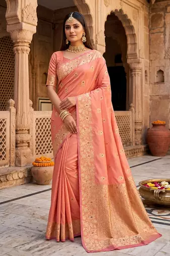 Light orange color pure soft silk blend women's zari woven sarees