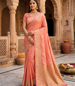 Light orange color pure soft silk blend women's zari woven sarees