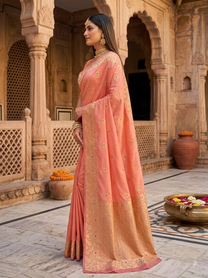 Light orange color pure soft silk blend women's zari woven sarees 2