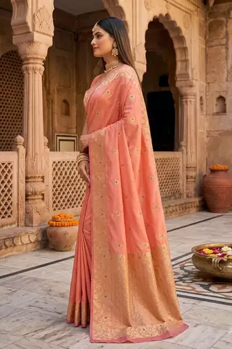 Light orange color pure soft silk blend women's zari woven sarees