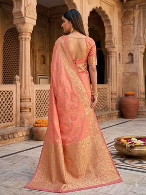 Light orange color pure soft silk blend women's zari woven sarees 3